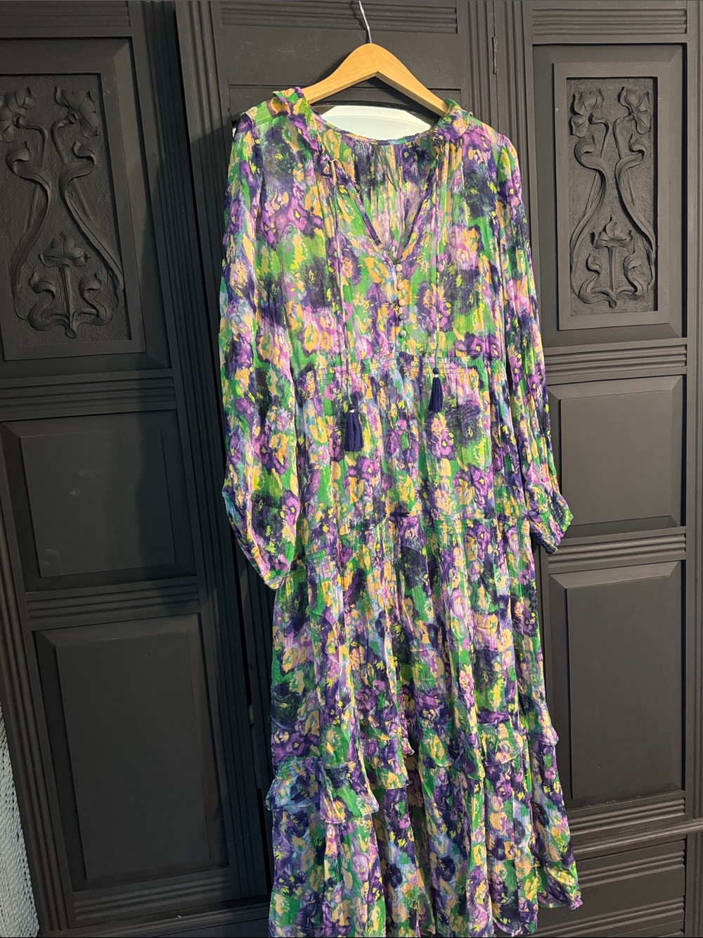 Anthropologie Sheer Bohemian Floral Maxi Dress in Green & Purple
